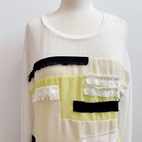 Altamira Milano White Yellow Black Fringe Mesh Long Sleeve Top M/L NEW - Picture 3 of 16